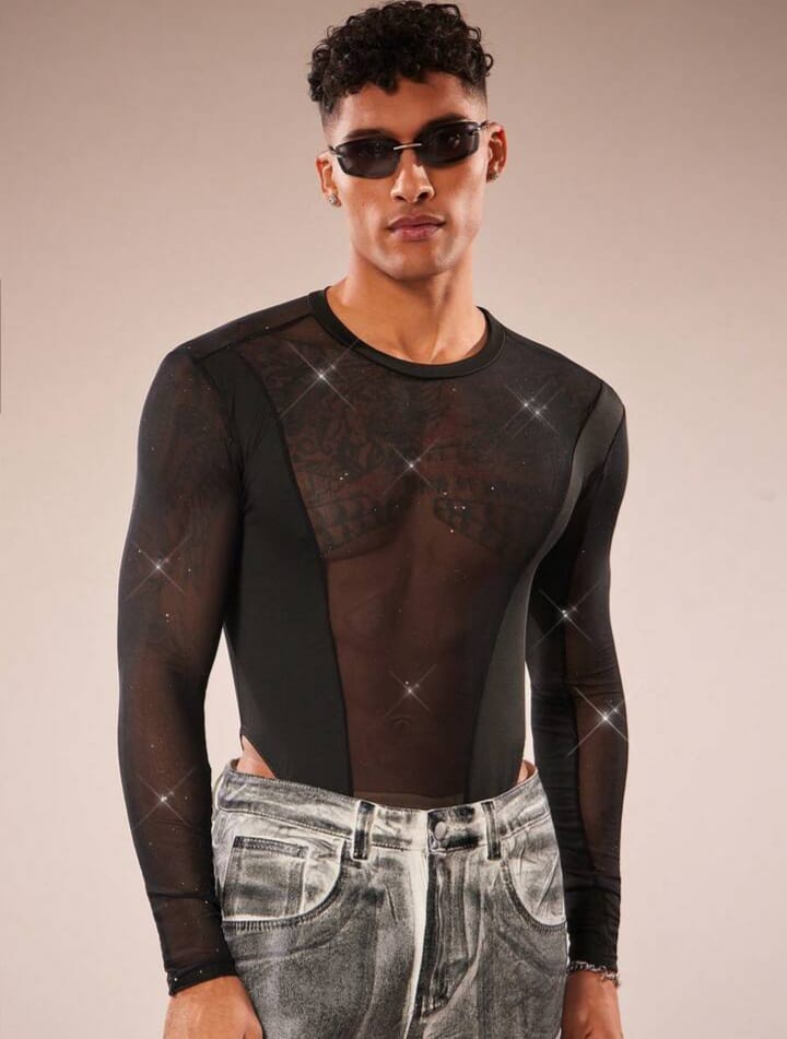 Men's Round Neck Long Sleeve Mesh Patchwork Sheer Bodysuit